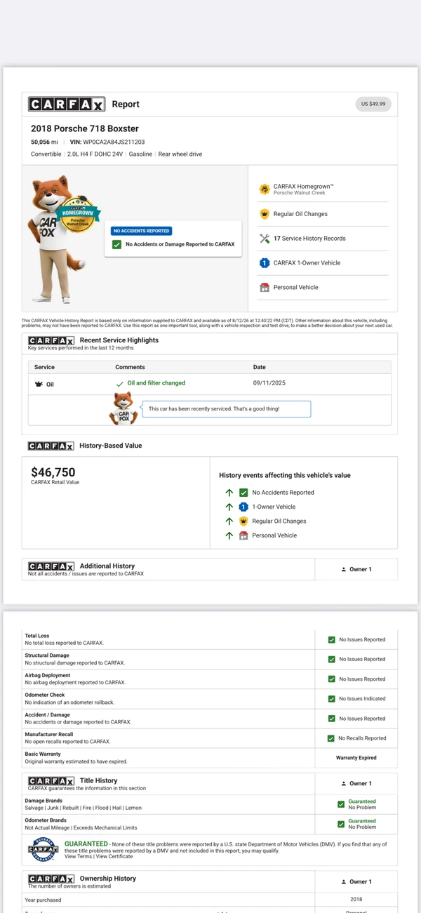 CARFAX report for this 2018 Porsche 718 Boxster